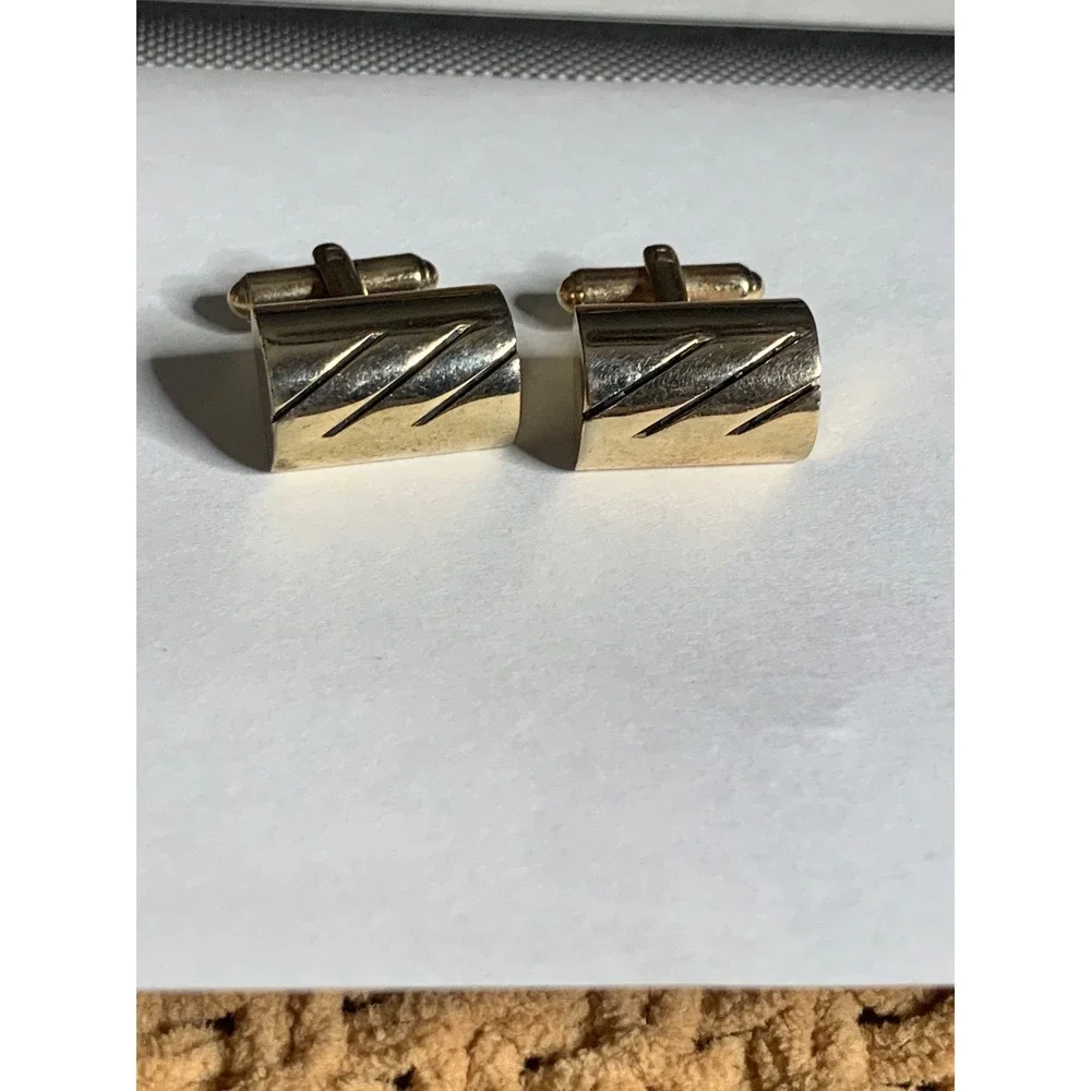 Gold Tone‎ Cufflinks, Rectangular, Diagonal Stripe Pattern, Classic Men's